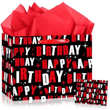 Imagem de Wauprant Bolsa de presente de aniversário preta grande, branca, vermelha, design de palavras de feliz aniversário, com alças, papel de seda e cartão comemorativo para mulheres, homens, meninas