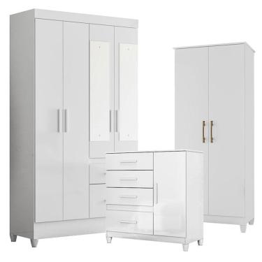 Imagem de Guarda Roupa Com Espelho Infantil Madri Com Cômoda Vênus Com Pés E Multiuso Jade Branco Brilho - Moval