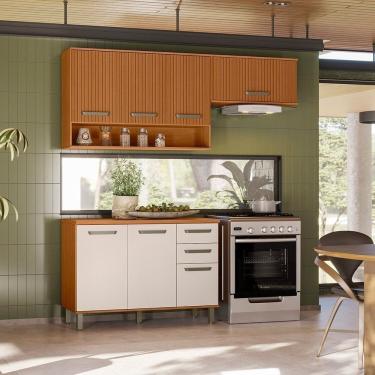 Imagem de Cozinha Modulada Completa 3 Peças 7 Portas 2 Gavetas Com Balcão Tampo Criare Freijó Ripado-off White Acetinado