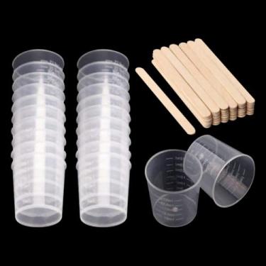 Imagem de GSHLLO 50 peças de copos medidores de plástico transparente de 30 ml, copos de mistura de líquidos, pequenos copos graduados, copos graduados transparentes com 50 varetas de madeira para tinta de