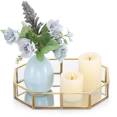 Imagem de OwnMy Bandeja decorativa de vidro com suporte de vela de 20 cm, placa de vela de pilar redondo, bandeja octogonal de metal dourado para mesa de centro de mesa de centro, decoração de casa