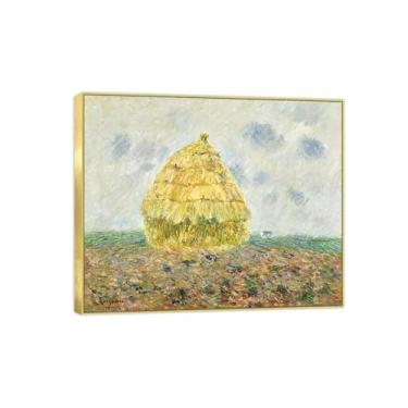 Imagem de BMZFYBS Imagem de arte de parede de paisagem - impressões em tela vintage - pintura de moldura dourada redonda de feno para sala de estar decoração de casa de fazenda 30 x 35 cm 12 x 13 polegadas