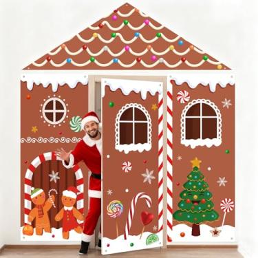 Imagem de 4 peças de decoração de porta de gengibre de Natal, capas de porta de doces para casa de pão de gengibre, pano de fundo, faixa de pendurar de Natal, placa de varanda para decoração de festa em casa
