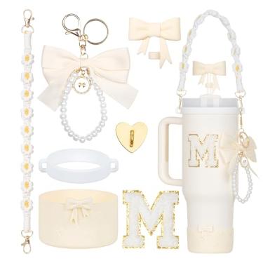 Imagem de Rabrgab Conjunto de acessórios para copo Stanley branco com 7 peças – topo de palha com laço, pingente de laço fofo, bota de silicone com design de laço, alça de alça de garrafa de água e adesivo de