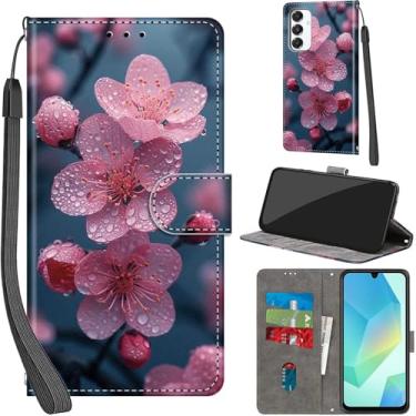 Imagem de Salanheo Capa carteira para Samsung Galaxy A16 4G / A16 5G, com [3 compartimentos para cartões], fecho magnético com suporte, capa protetora de couro PU à prova de choque 17 cm, flor de pêssego