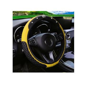 Imagem de Couslcd Capa de volante de carro brilhante, couro diamante, cristal, strass, veículos, protetor de volante, acessórios de decoração de interiores automotivos, antiderrapante, ajuste universal (amarelo