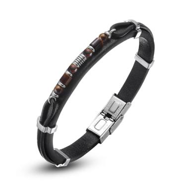 Imagem de Pulseira masculina de couro preto: olho de tigre/contas de ônix preto pulseira de couro (ouro) para joias masculinas - pulseiras masculinas de pedra natural com contas e joias para homens - pulseiras