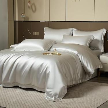 Imagem de SXYMTSW Conjunto de capa de edredom de seda pura amoreira 4 peças, conjunto de cama respirável super macio adulto, para cabelo e pele (2 fronhas, 1 capa de edredom, 1 lençol de cima, sem edredom