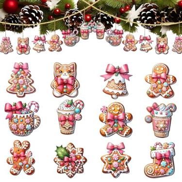 Imagem de Enfeites de madeira fofos para pendurar em árvore de Natal, decorações engraçadas de biscoito de árvore de Natal, sinos de gato, estrelas, laços, flocos de neve, ornamentos para pendurar para festa de