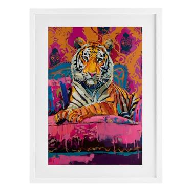 Imagem de Stupell Industries Impressão emoldurada de tigre sobre laranja rosa branco sob vidro, design por LSR Design Studio, 50 x 35 cm