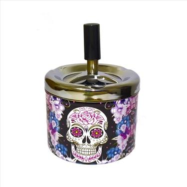 Imagem de Cinzeiro Metal C/Tampa Anti-Cheiro Giratória Redondo À Prova De Vento 9x7,5cm Fechado Automático Estampas Caveiras Mexicanas Premium (Post Mortem Vision)