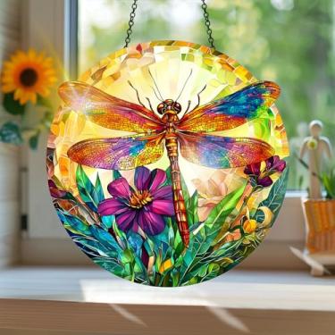 Imagem de Acrílico colorido Suncatcher, apanhador de sol estilo vitral impresso libélula com reflexos de arco-íris, decoração de janela suspensa, decoração de parede, ornamentos de Natal para uso interno e