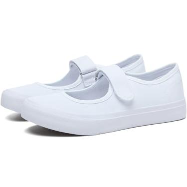 Imagem de Uoidru Tênis feminino de lona Mary Jane com fecho de toque casual para trabalho feminino, Branco, 37