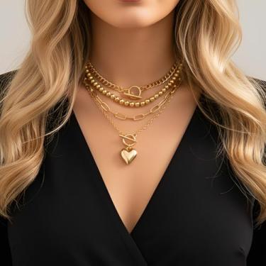 Imagem de Colar feminino em camadas, 4 peças, colar de ouro grosso, corrente de clipe de papel, pérola, espinha de peixe, gargantilha, 17.7IN, Metal, Sem Pedra Preciosa