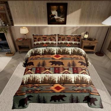Imagem de Feelyou Conjunto de edredom boêmio, solteiro, com urso, rústica, para meninos e meninas, adolescentes, decoração de quarto, marrom oliva
