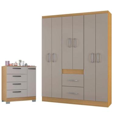 Imagem de Cômoda 868 4 Gavetas E 1 Porta Com Guarda Roupa Casal Milão 6 Portas Damasco Off White - Poquema
