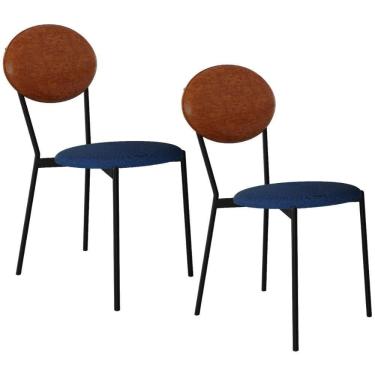 Imagem de Kit 02 Cadeiras Estofada Para Sala De Jantar Azuri Preto C01 Linho Azul Courino Caramelo - Lyam Decor
