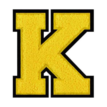 Imagem de 1 PÇ Patch de letra de chenille amarelo de 11,4 cm com borda preta – Remendos do alfabeto para roupas, jaquetas, mochilas, chapéus para decoração personalizada, nome personalizado e artesanato. (K)