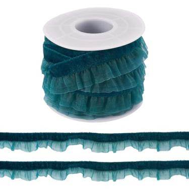 Imagem de FASHEWELRY 1 rolo de renda de veludo com babados, fitas de renda elástica azul-petróleo 1,5 m, fita de organza plissada de veludo para embrulho de presente, decoração de Natal, confecção de costura