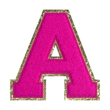 Imagem de 1 peça de patch de letra de chenille rosa de 11,4 cm com borda dourada – Remendos do alfabeto para roupas, jaquetas, mochilas, chapéus para decoração personalizada, nome personalizado e artesanato. (A