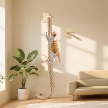 Imagem de Corda de escalada para gatos de 140 cm montada na parede, torre de escalada para gatos com poste para arranhar, escada de corda de gatinho e plataforma de salto, fácil instalação e design resistente