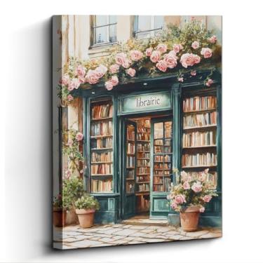 Imagem de WOXZQ Arte de parede de livraria francesa, vitrine coberta de rosa, decoração de parede parisiense, impressão em tela sem moldura, arte de pôster literário, para presente de recanto de leitura, 30 x