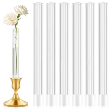 Imagem de Pacote com 6 vasos de botão de acrílico de 20 cm — Vaso de botão cilíndrico listrado para castiçais cônicos, vaso de flores com capa de borracha de silicone para tamanho de castiçal de 20 a 22 mm