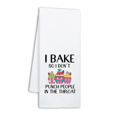 Imagem de NAHMAKNE Toalhas de cozinha engraçadas, I Bake So I Don't Punch People in The Throat, panos de prato engraçados para decoração de cozinha, presentes de panificação para mulheres padeiras, presentes de
