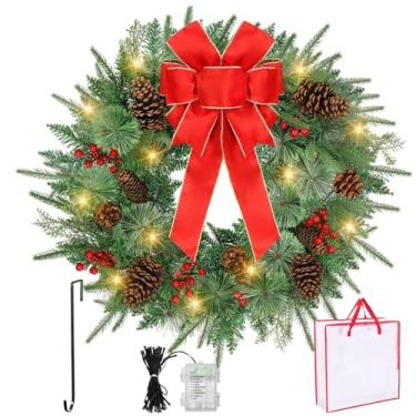 Imagem de Decorações de guirlanda de Natal de 61 cm, grinaldas artificiais com 50 luzes LED, 8 modos e temporizador, 144 pontas de PVC, laço vermelho grande, pinhas, frutas vermelhas para porta da frente