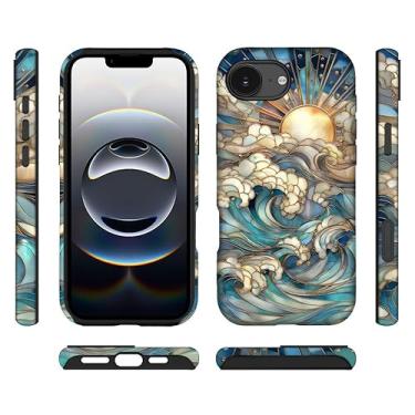 Imagem de ilikediy Capa híbrida para iPhone 16E com 2 camadas rígidas de silicone com estampa protetora - vitral ondas do oceano sol