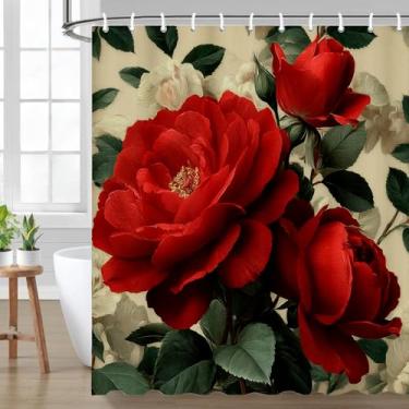 Imagem de ubcindy Cortina de chuveiro rosa encantadora, rosa vermelha presente de amor do dia dos namorados cortina de chuveiro com 12 ganchos, cortina de banho de flores para decoração de banheiro, tecido