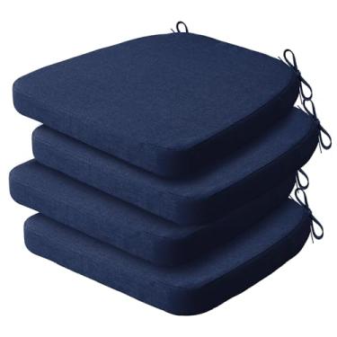 Imagem de Almofadas de cadeira de jantar azul-marinho com laços, almofadas de assento à prova d'água para ambientes externos com suporte antiderrapante, capa removível lavável na máquina, 41 x 40 x 5 cm