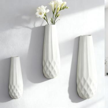 Imagem de DOCFLVAS Vaso de cerâmica de parede — Pacote com 3 vasos brancos foscos texturizados | Vaso de parede de cerâmica minimalista moderno para hastes únicas e flores secas