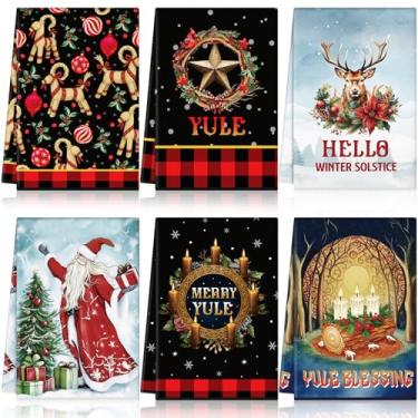 Imagem de Gilprop 6 peças de toalhas de cozinha de Natal Yule microfibra pagã macias e absorventes reutilizáveis panos de chá com palha cabra julbock visco para decorações pagãs de cozinha de Natal