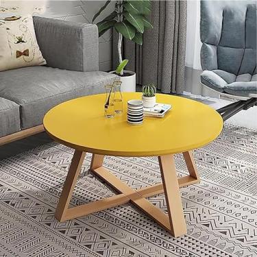 Imagem de Mesa de centro redonda de madeira maciça estilo nórdico com acabamento cinza moderno para sala de estar e fazenda - 60 cm (amarelo 60 cm)