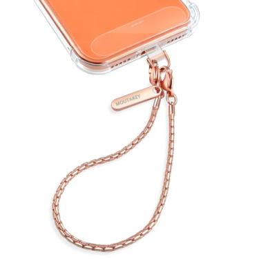 Imagem de MOUTAKEY Alça de pulso para celular, corrente de metal, alça de pulso destacável para iPhone com 2 abas de amarração, alça de pingente para iPhone para mulheres, meninas, compras, viagens, festas