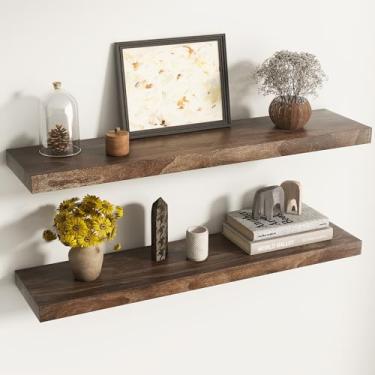 Imagem de Venusmiles Prateleiras flutuantes de olmo para decoração de parede, shevles de madeira maciça rústica montadas na parede com suporte invisível para sala de estar, banheiro, quarto, cozinha, 91 cm