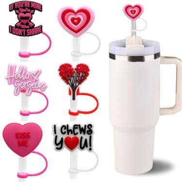 Imagem de 6 peças de topo de palha para Stanley Cup New Pink Heart Cover Cap 1,134.0 g/850.5 g, tampas de cobertura de palha de silicone 3D para canudos de 10 mm, acessórios festivos para copos e presentes de