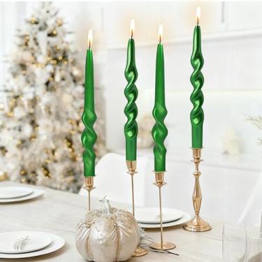 Imagem de Velas espirais de Natal, velas cônicas verdes metálicas - Castiçal sem cheiro de 25,4 cm para presente de inverno, Natal, decoração de casa, velas, pacote com 4