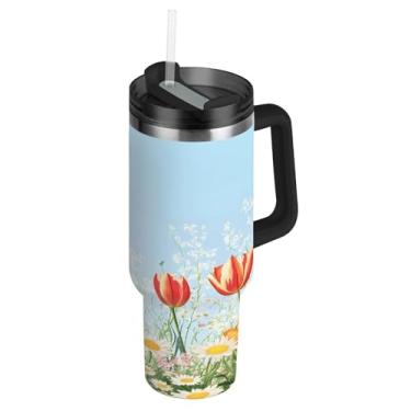 Imagem de Blueangle Lindo copo de tulipa aquarela de 1,134 g com alça e tampa de palha, caneca de viagem de aço inoxidável isolada a vácuo de parede dupla, garrafa de água reutilizável para academia de