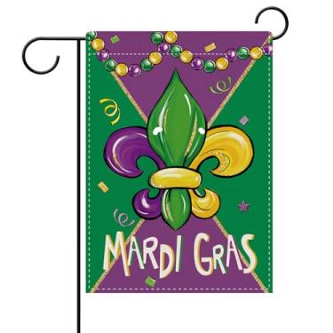 Imagem de Dyrenson Bandeira decorativa de jardim Mardi Gras Fleur De Lis, contas de carnaval de Nova Orleans, decoração externa para casa, baile de máscaras, estopa de baile de máscaras, decoração pequena ao ar