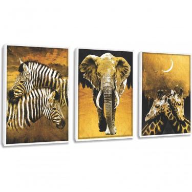Imagem de Quadro Decorativo Pintura Zebra, Elefante, Girafa Com Moldura Branco