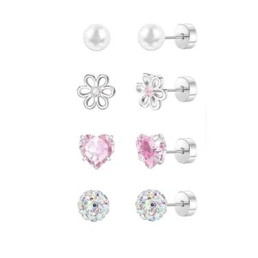 Imagem de Niaspi Conjunto de 8 peças de brincos de aço inoxidável com flor de pérola rosa coração CZ cristal cartilagem hélice tragus concha plana brincos piercing joias para mulheres, 20g, Aço inoxidável Cobre