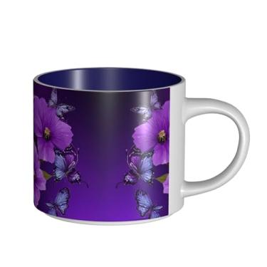 Imagem de ZERAOKE Borboletas de flores - Caneca grande de cerâmica impressa para café, capacidade grande para escritório e casa, pode ser lavada na lava-louças, design com alça em C.