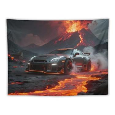 Imagem de HouLaiZhe JDM Tapeçaria de carro Guerreiro Preto R35 Vulcão Erupção Lava Pendurar na Parede Quarto Decoração de Casa Tapeçarias Estética Piquenique Decoração de Parede Arte de Parede para Dormitório