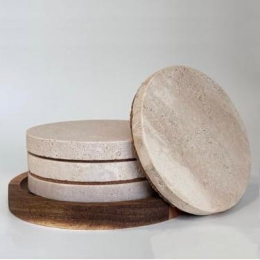 Imagem de Porta-copos redondos de mármore travertino natural de 10 cm com suporte de cortiça, porta-copos de pedra conjunto de 4, casamento, presente de inauguração de casa, porta-copos de travertino para
