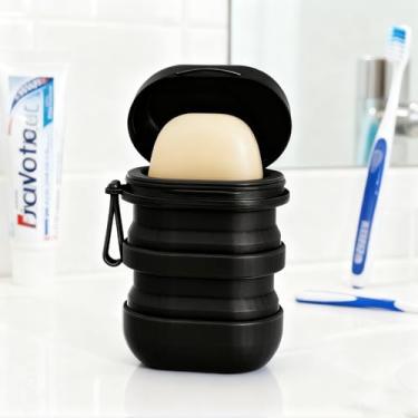 Imagem de Caixa de sabão de viagem portátil com tampa à prova de vazamento suporte de sabão dobrado para esposa, mãe, negócios, viagens, aventuras ao ar livre (preto)
