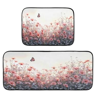 Imagem de STAYTOP Tapetes de cozinha de flores silvestres e borboletas, 2 peças, tapete de entrada frontal, antiderrapante, alivia a fadiga, lavável, tapete para cozinha, quarto, varanda