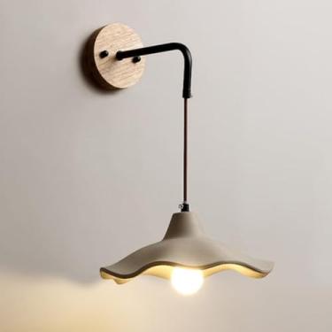 Imagem de Luminária de parede LED, arandelas de madeira para cabeceira, luminária de parede de concreto cinza com flor pendente, luminária vintage rústica para quarto e sala de estar/Madeira
