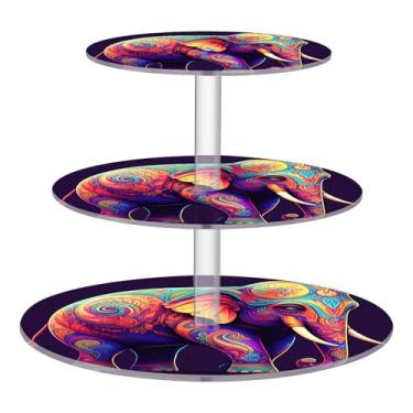 Imagem de CEBUGI Suporte de cupcake de 3 camadas colorido elefante redondo suporte de bolo torre bandeja de servir em camadas de acrílico para festa de chá, chá de bebê, casamento e mais